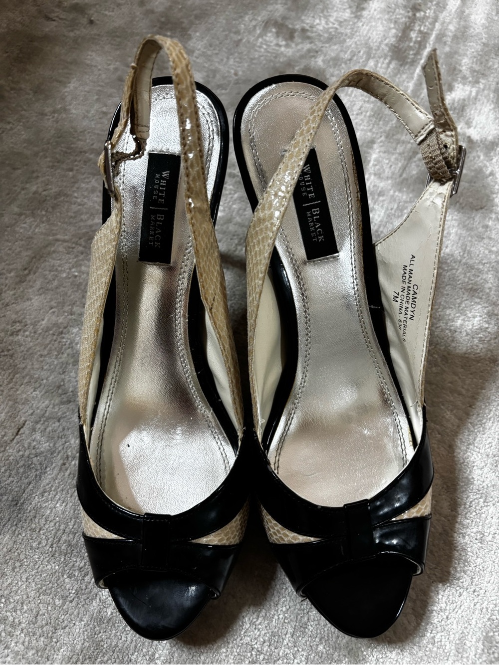 White House Black Market Black and Beige Peep-Toe Slingback Heels
